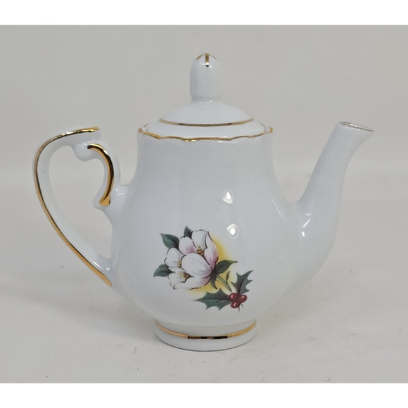 Golden Crown E& R Germany 3 1/2 in Mini Birthday Teapot White Floral December - Picture 4 of 9